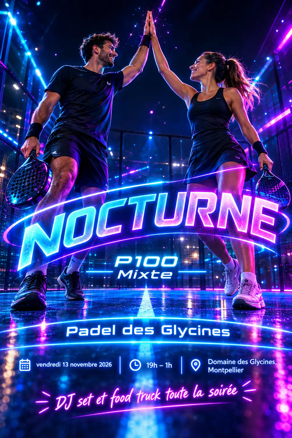 Affiche de la Nocturne de padel P100 Mixte du Padel des Glycines, style néon