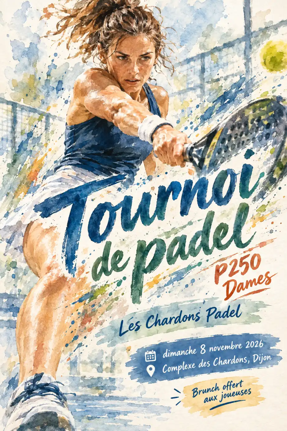 Affiche du tournoi de padel P250 Dames des Chardons Padel, style aquarelle