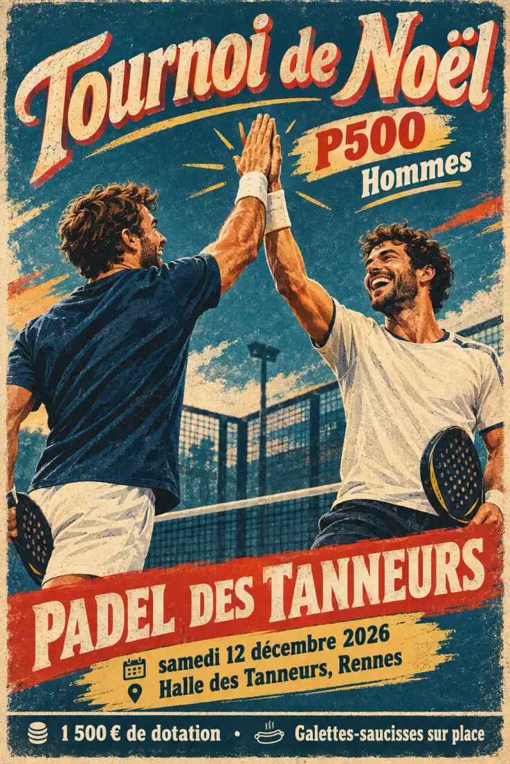 Affiche du Tournoi de Noël de padel P500 Hommes du Padel des Tanneurs, style rétro