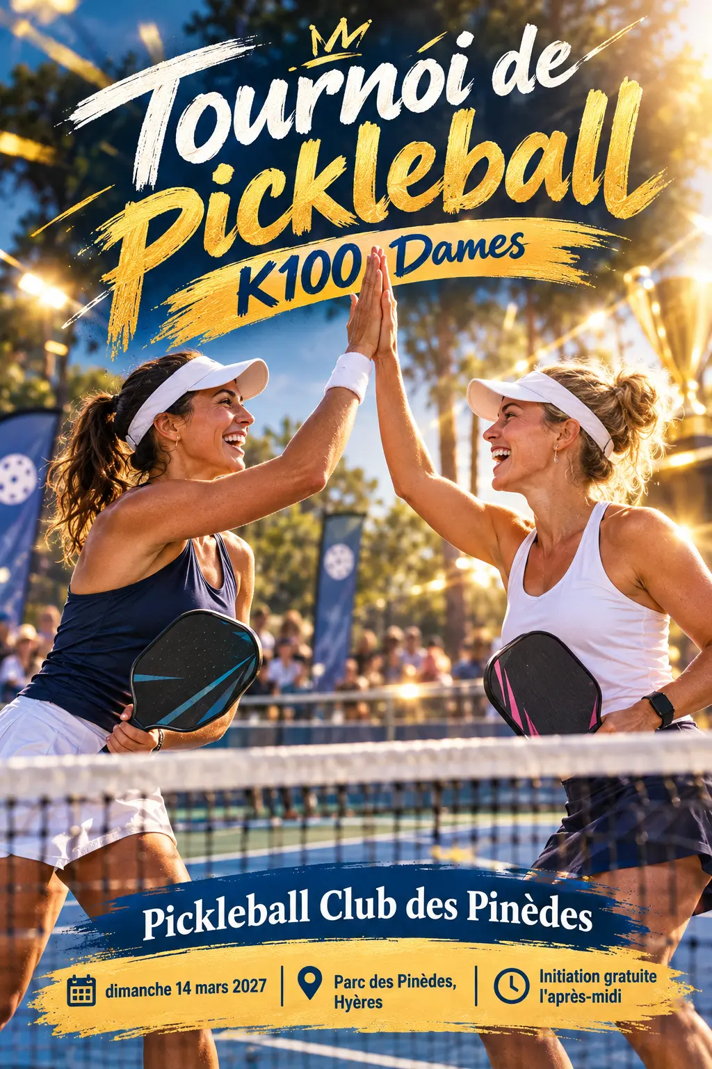 Affiche du tournoi de pickleball K100 Dames du Pickleball Club des Pinèdes, style prestige