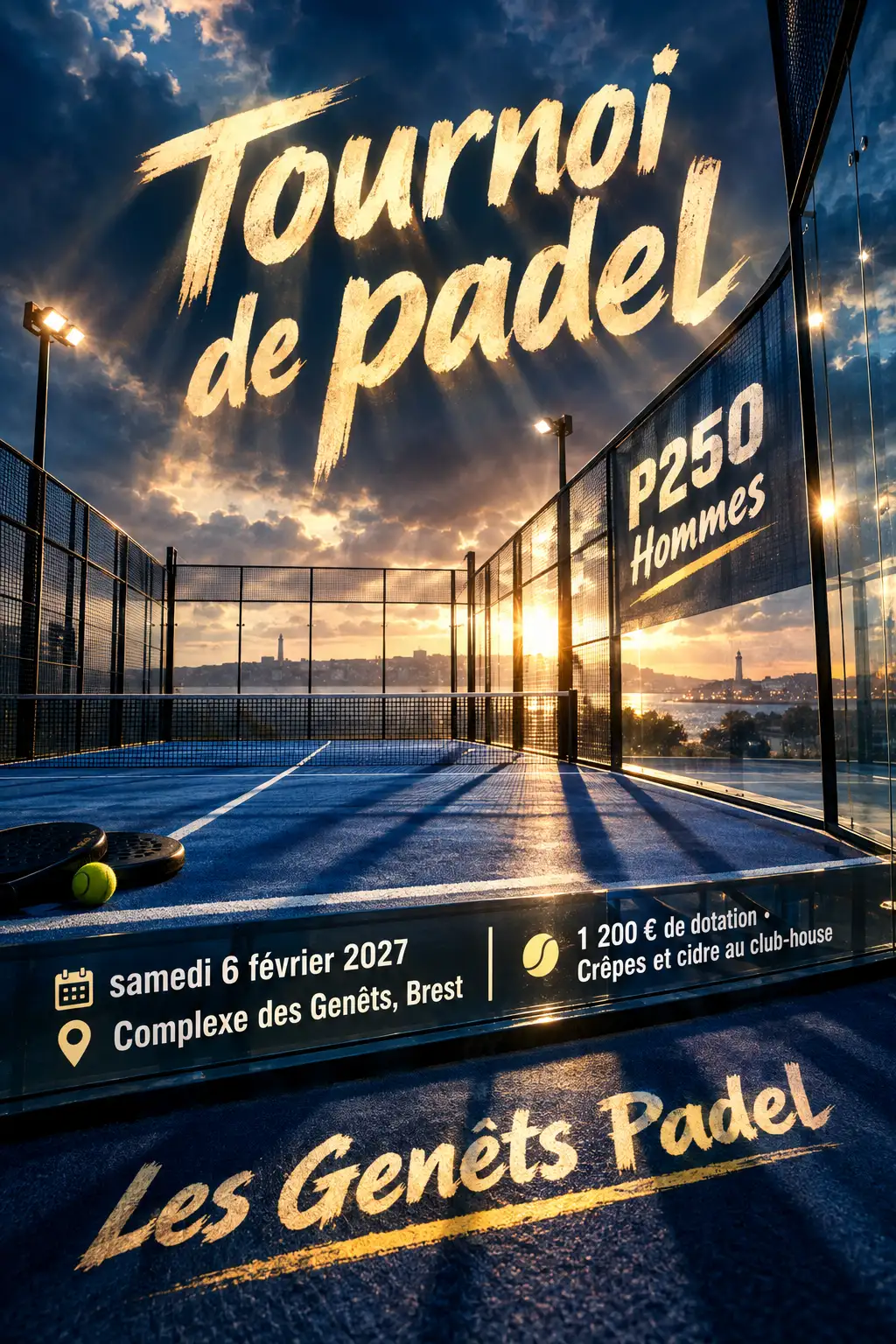 Affiche du tournoi de padel P250 Hommes des Genêts Padel, style cinéma