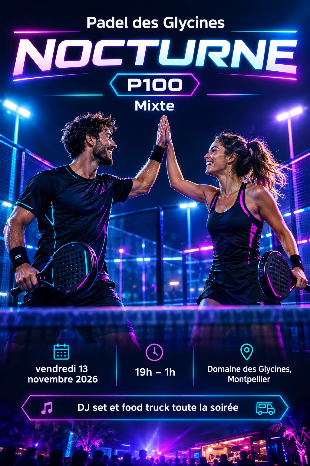 Affiche de la Nocturne de padel P100 Mixte du Padel des Glycines, style néon