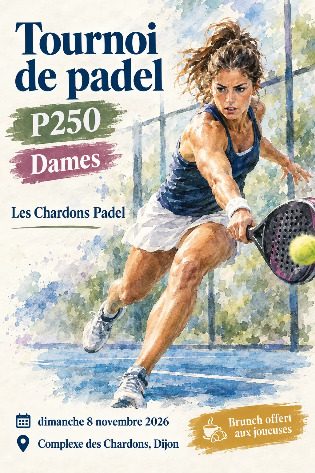 Affiche du tournoi de padel P250 Dames des Chardons Padel, style aquarelle