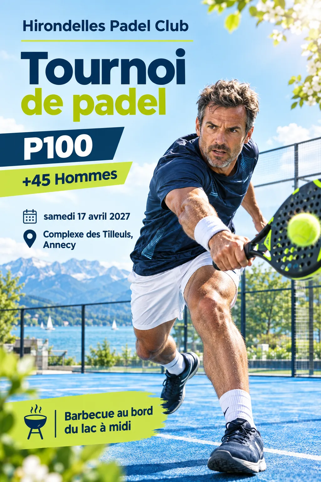 Affiche du tournoi de padel P100 +45 Hommes de l'Hirondelles Padel Club, style printanier