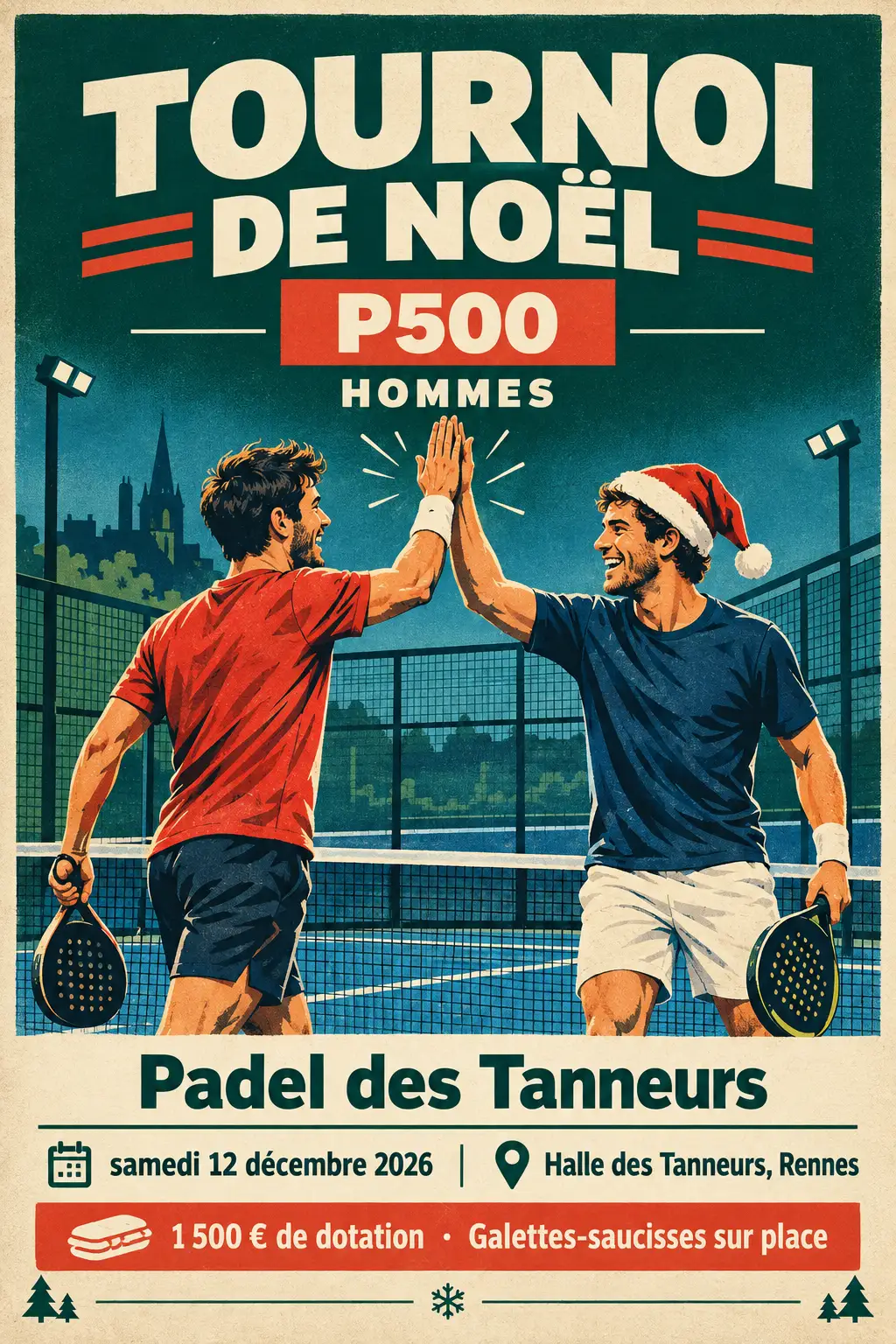Affiche du Tournoi de Noël de padel P500 Hommes du Padel des Tanneurs, style rétro