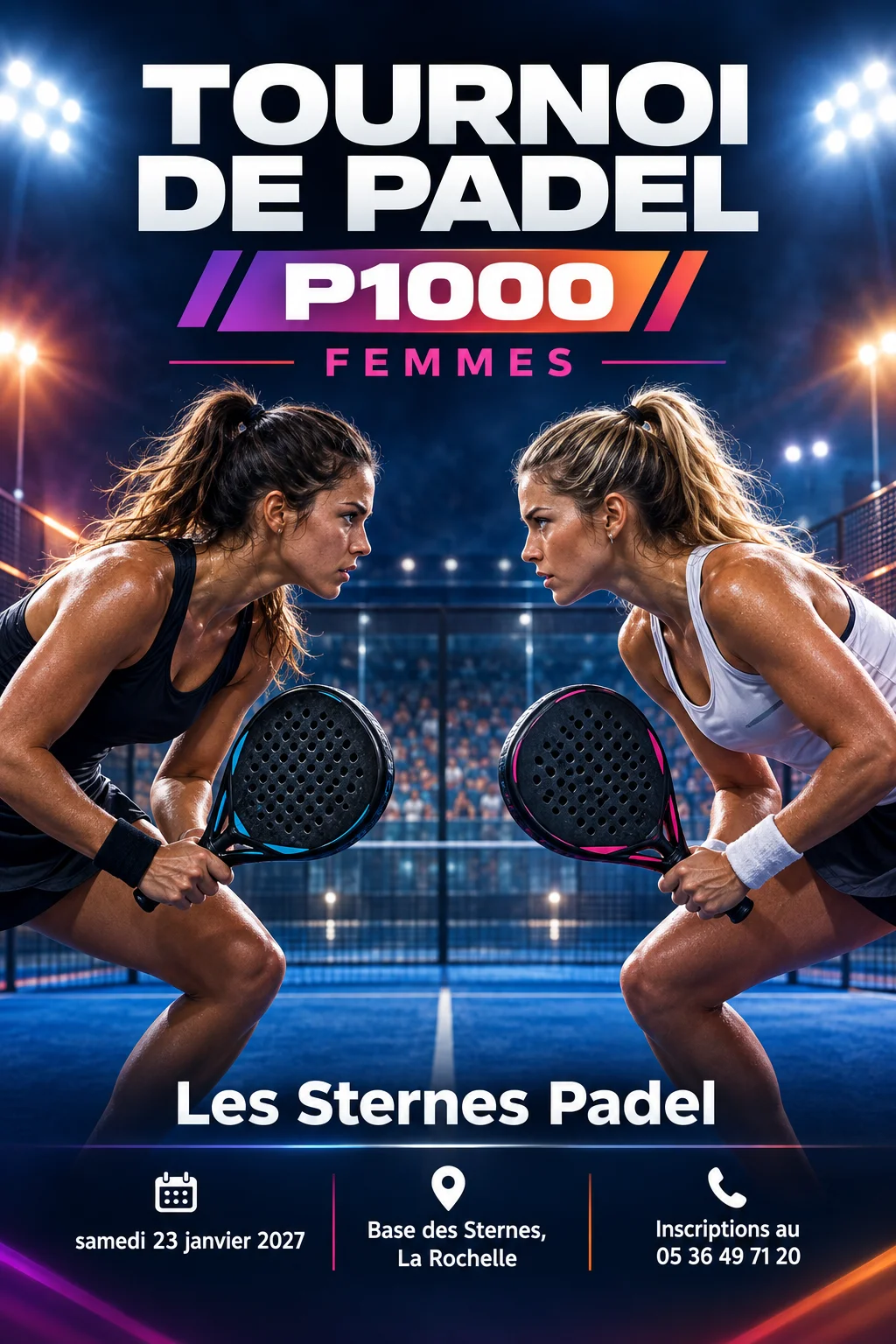 Affiche du tournoi de padel P1000 Femmes des Sternes Padel, style nocturne