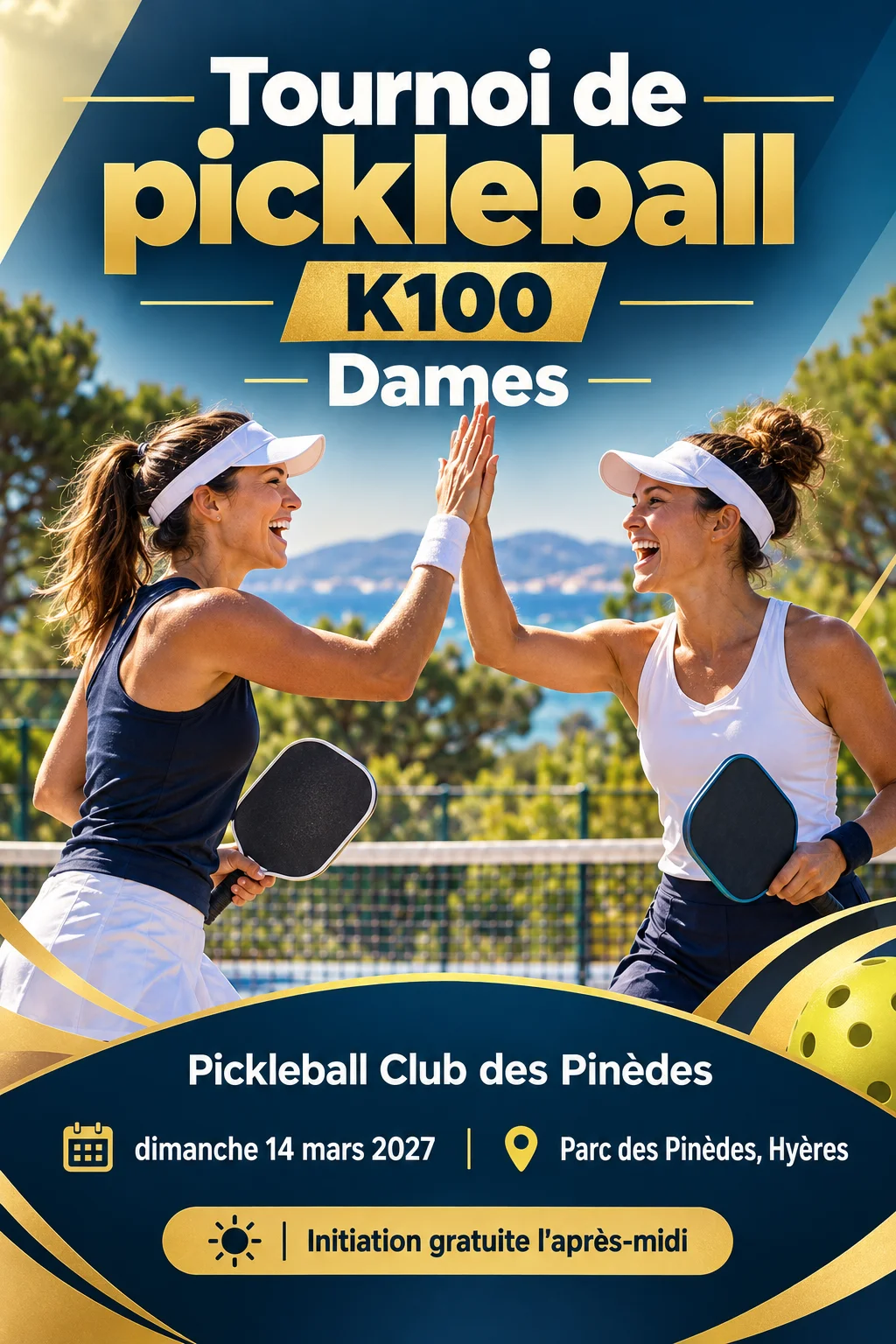 Affiche du tournoi de pickleball K100 Dames du Pickleball Club des Pinèdes, style prestige