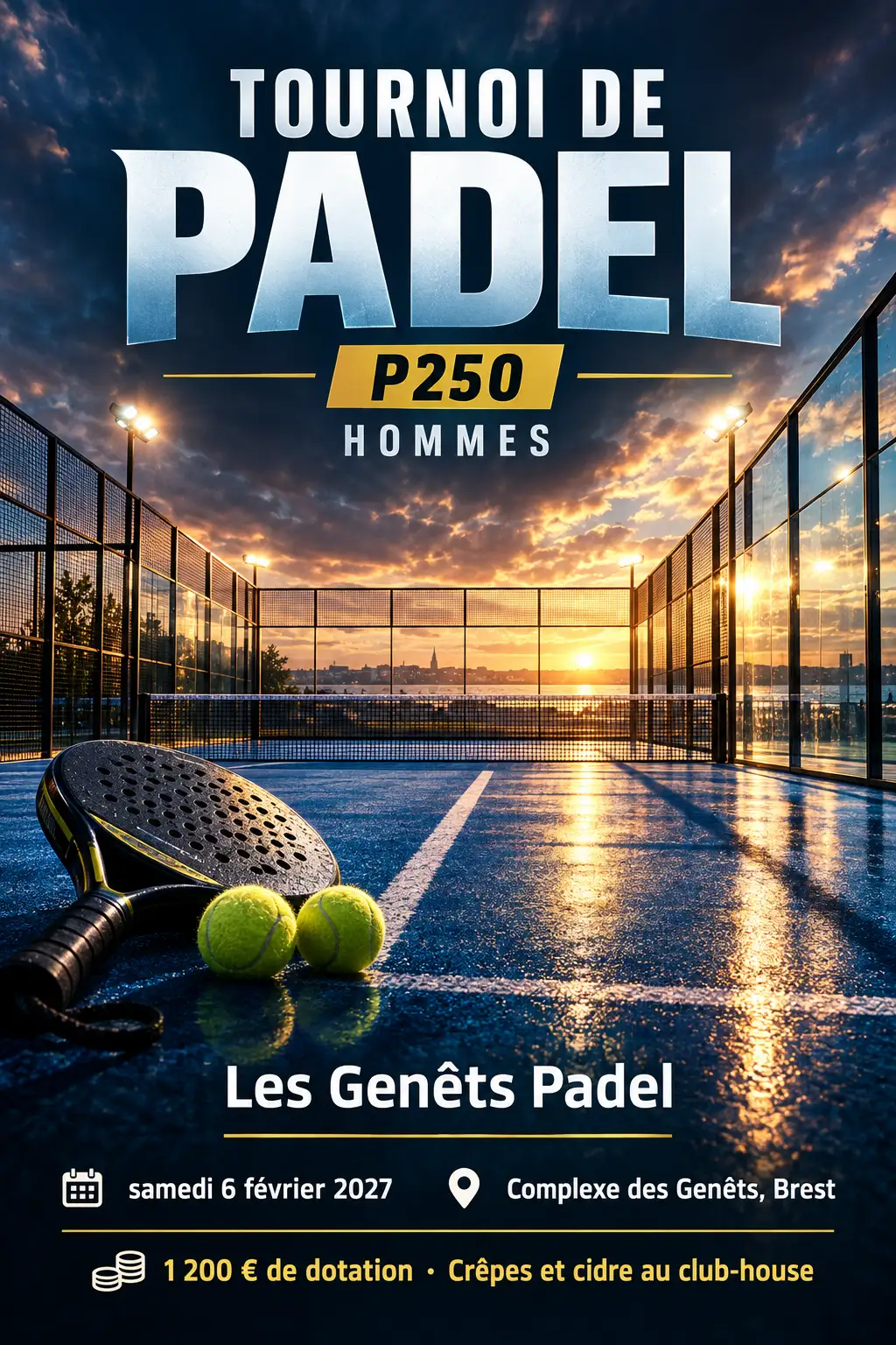 Affiche du tournoi de padel P250 Hommes des Genêts Padel, style cinéma